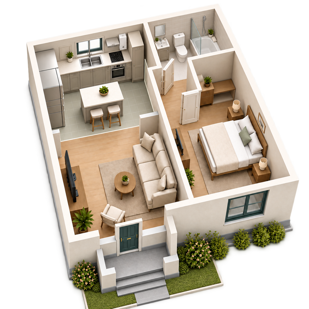The sample home's kitchen at the top left, living room below and bedroom to the right
